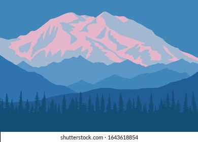 Vector drawing of Denali - McKinley, Alaska. Traveling in the mountains, climbing. Dawn landscape, peak in the sunrise.