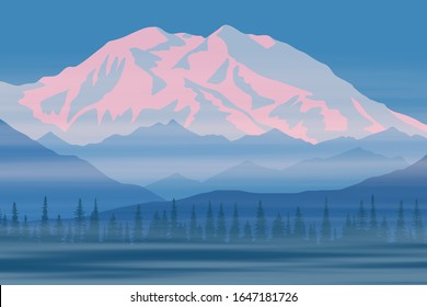 Vector drawing of Denali - McKinley, Alaska. Traveling in the mountains, climbing. Dawn landscape, peak in the sunrise.