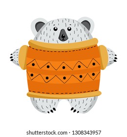 Vector drawing depicting a bear in clothes for the design of prints, cards, invitations, greetings