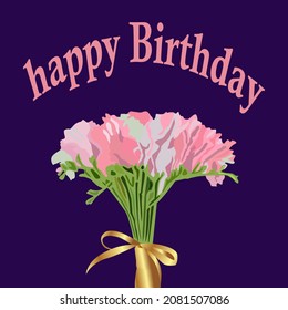 dibujo vectorial que representa un ramo de flores rosadas sobre un fondo morado con saludos de cumpleaños para impresiones en tarjetas, carteles y diseño de mensajes