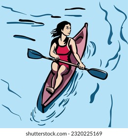 Dibujo vectorial que representa a una mujer en ropa de baño chapoteando sobre una pequeña canoa en un río que fluye. Marcas de mapa de ubicación de decoración visual que indican puntos de interés recreativos y actividades turísticas.