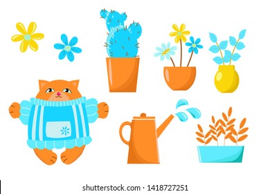 Vector drawing depicting pots of flowers in the garden and cats. Set for design wallpaper, background, fabric, packaging, paper, scrapbooking