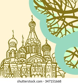 Vector drawing depicting the Savior on Spilled Blood in St. Petersburg with trees. Art colorful stylized abstract illustration 