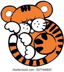 Vector drawing depicting a sleeping cute tiger cub curled up in a ball with white paws