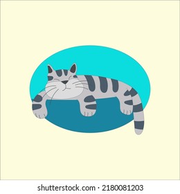 vector drawing depicting a sleeping kitten. A gray tabby kitten on a blue background carelessly naps