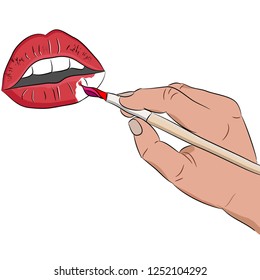 vector drawing depicts a hand that paints the lips with a brush