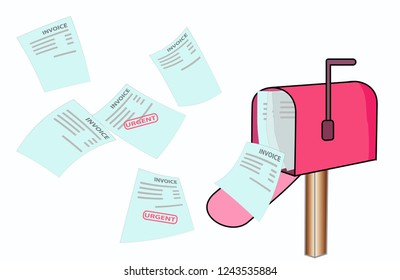 vector drawing depicts numerous bills for payment, which fly to the mailbox in red