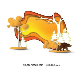 Diseño vectorial de papel de diseño del paisaje otoñal con oso lindo, abetos, árboles amarillos y fondo naranja con lugar para texto. El concepto de protección ambiental, viajes y otros.