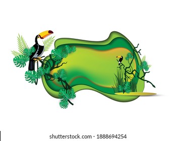 Vector drawing design paper art of tropical landscape with cute toucans, plant and place for text on green background. The concept of environmental protection, travel, recreation, other.