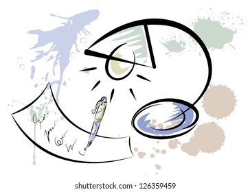 Vector drawing of a desk lamp, paper and pen.