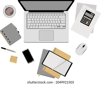 Vektorgrafik des Desktops. Laptop, Notebook mit Füller, Tasse Kaffee, Telefon, Taschenrechner, Papiere. Auf weißem Hintergrund. Platz für Text.