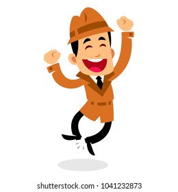 Vector drawing of a detective, he is jumping, happy