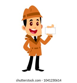 Vector drawing of a detective man, he is showing a business card