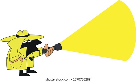 Vector drawing of a detective mascot character with hat and flashlight searching for clues to a crime