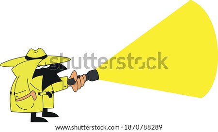 Vector drawing of a detective mascot character with hat and flashlight searching for clues to a crime