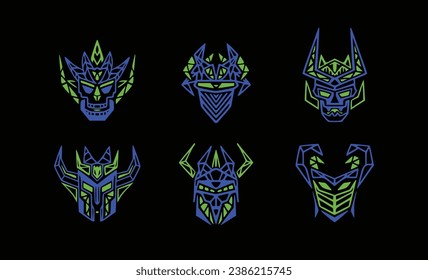 Vector drawing of devil knight helmets with horns. Icons of evil monsters in demonic masks.