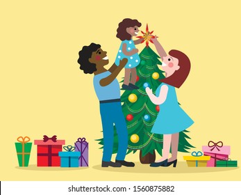 vector drawing of a different ethnic family decorates the Christmas tree