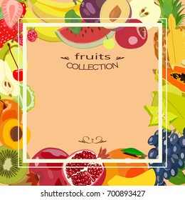 Vector drawing with different fruits and place for your text. Can be a background image for a poster, price tag, leaflets, cover design, packaging.
