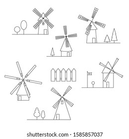 vector drawing, different mills in linear style