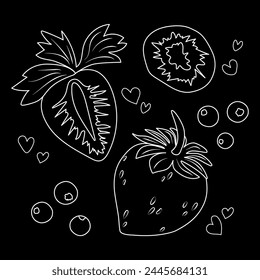 Vector drawing of different types of strawberries. Whole berry, half cut, pulp view from the top. Doodle style imitation white chalk on a black board. For the design of cafes, restaurants, shops, web