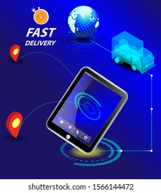 Vector drawing digital technology. Mobile applications for freight and package delivery. Digital business analysis. Conceptual illustration. Isometric vector illustration. 3D
