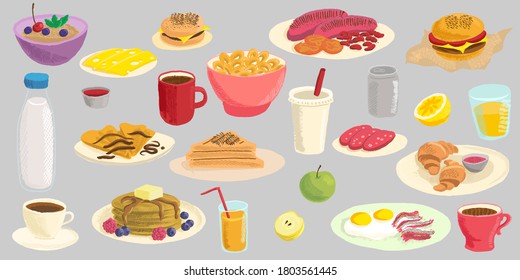 vector drawing dishes and drinks for breakfast, food set, domestic cuisine, cafe menu, hand drawn illustration