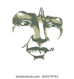 Vector drawing of distrustful woman, face features. Black and white portrait of doubter lady, do not lie to me.