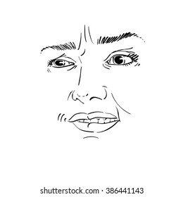 Vector drawing of distrustful woman, face features. Black and white portrait of doubter lady, do not lie to me.