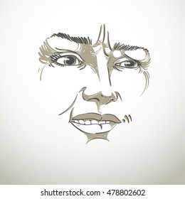 Vektorgrafik von misstrauischer Frau, Gesichtszüge. Schwarz-Weiß-Portrait von Zweiflerdame, lüge mich nicht an.