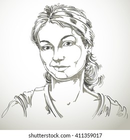 Vector drawing of distrustful woman with stylish haircut. Black and white portrait of doubter lady, do not lie to me.