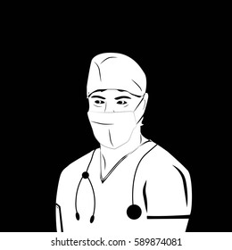 Vector drawing of the doctor on a black background isolated.