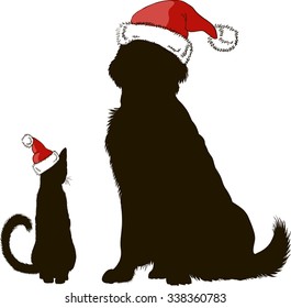 Vector drawing of a dog and a cat in Christmas hats silhouettes