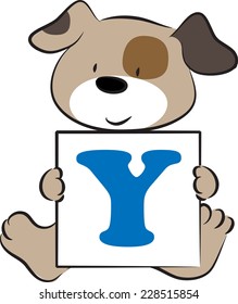 vector drawing dog holding a card with letter Y