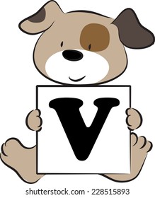 vector drawing dog holding a card with letter V