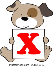 vector drawing dog holding a card with letter X