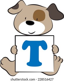 vector drawing dog holding a card with letter T