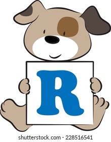 vector drawing dog holding a card with letter R