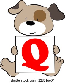 vector drawing dog holding a card with letter Q