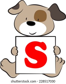 vector drawing dog holding a card with letter s