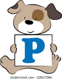 vector drawing dog holding a card with letter P