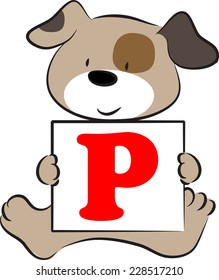 vector drawing dog holding a card with letter P