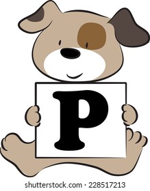 vector drawing dog holding a card with letter P
