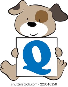vector drawing dog holding a card with letter Q