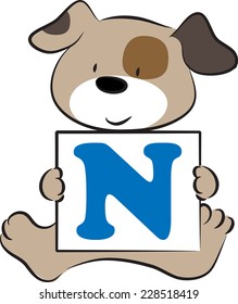 vector drawing dog holding a card with letter N