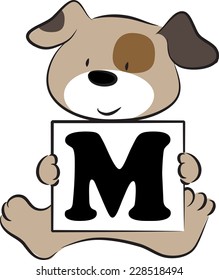 vector drawing dog holding a card with letter M