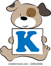 vector drawing dog holding a card with letter K
