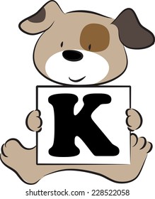 vector drawing dog holding a card with letter K