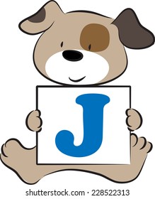 vector drawing dog holding a card with letter J