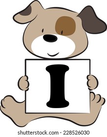 vector drawing dog holding a card with letter I