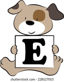 vector drawing dog holding a card with letter E